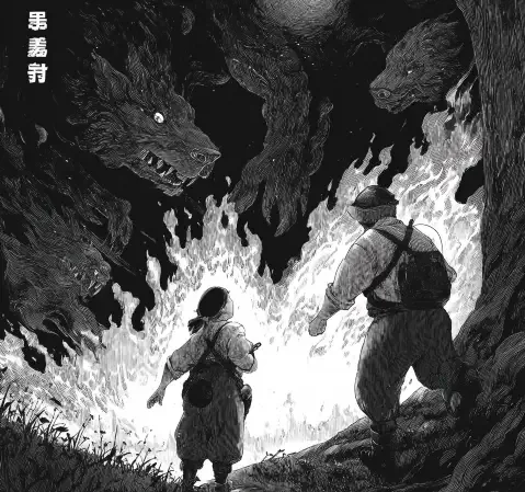 冒险漫画封面：角色站在巨大机械面前